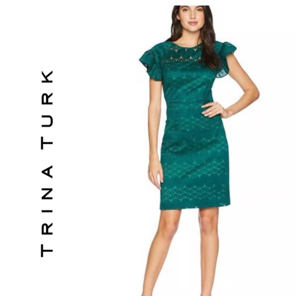 Trina Turk Mai Tai Emerald Green Lace-Flutter Sleeves Sheath Dress Size 0
